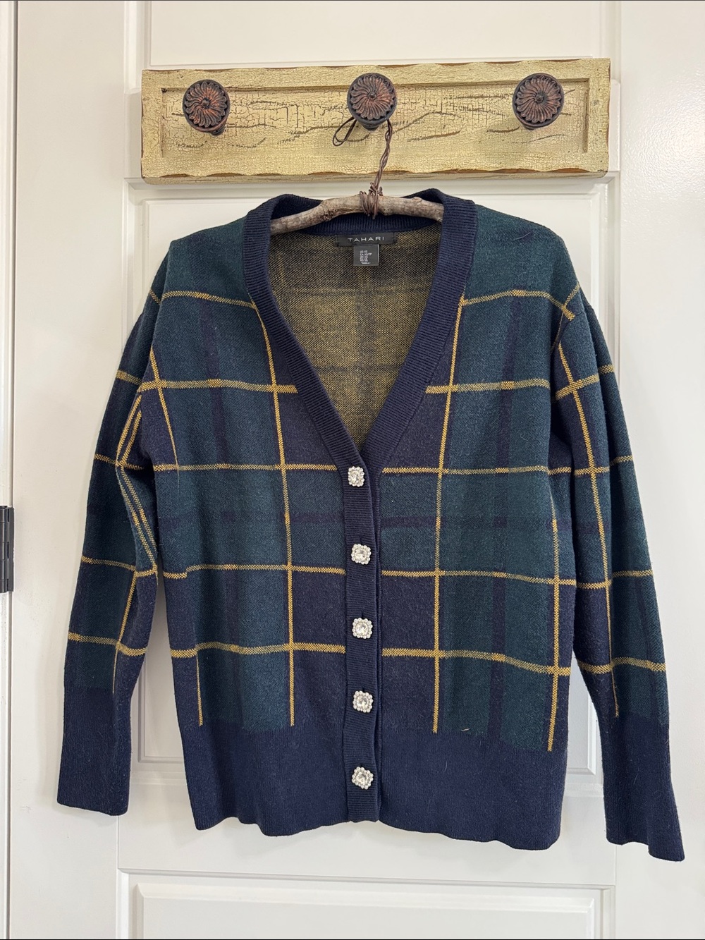 Tahari Plaid V-Neck Cardigan Sweater with Rhinestone Buttons